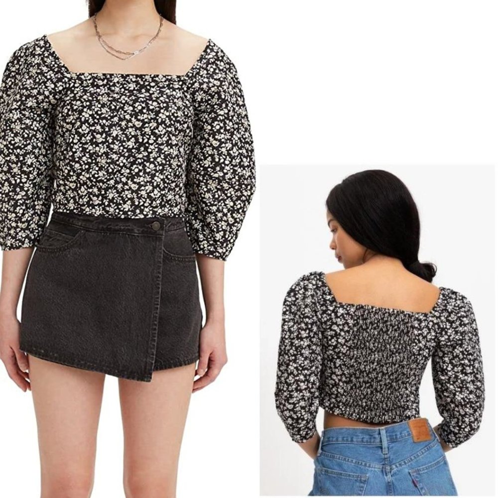 Levi's Floral Puff Sleeve Cropped Blouse NWT LG - Picture 2 of 2